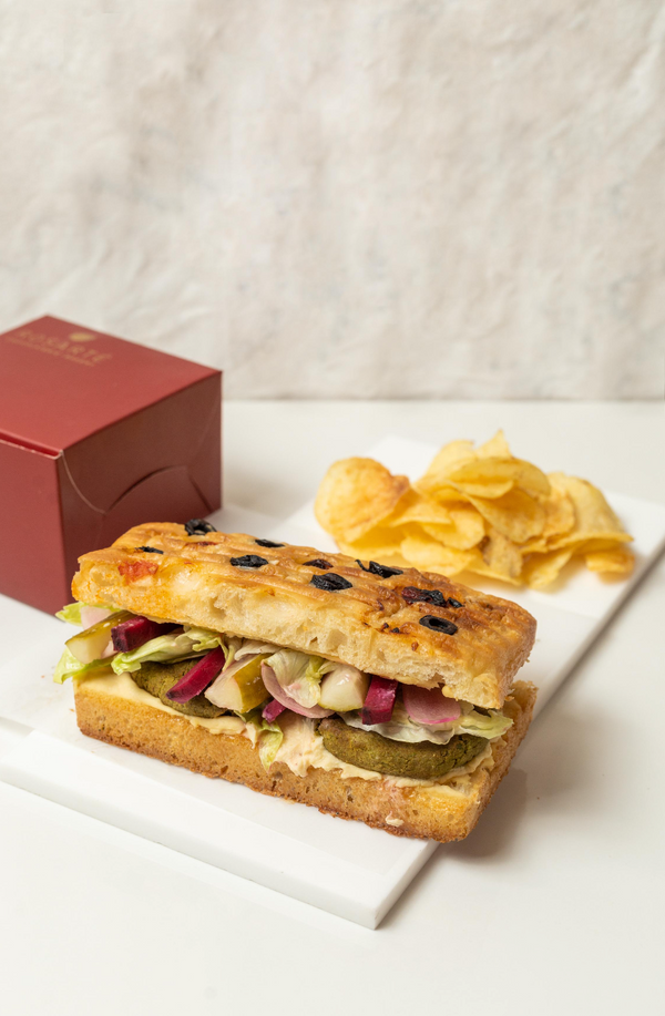 Mediterranean Falafel, Hummus & Pickled Vegetable Focaccia Sandwich